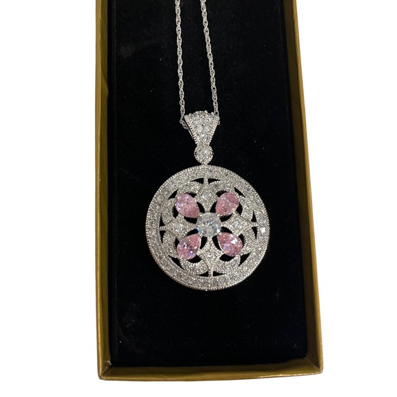 Sterling Silver Necklace Round Pendant Brilliant Diamond Pink Gem Embellished - Picture 12 of 12